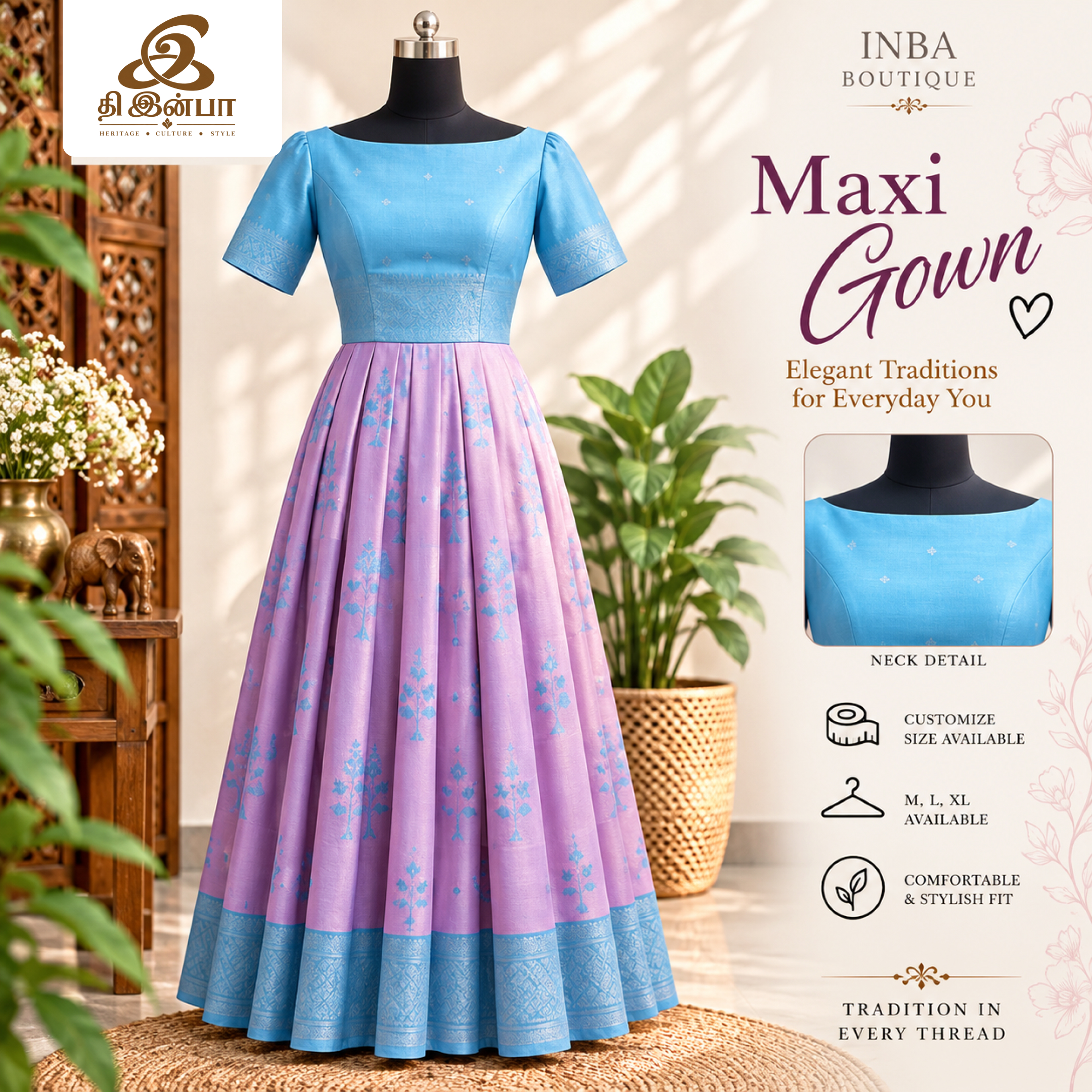 Sky Blue & Pink Floral Maxi Gown