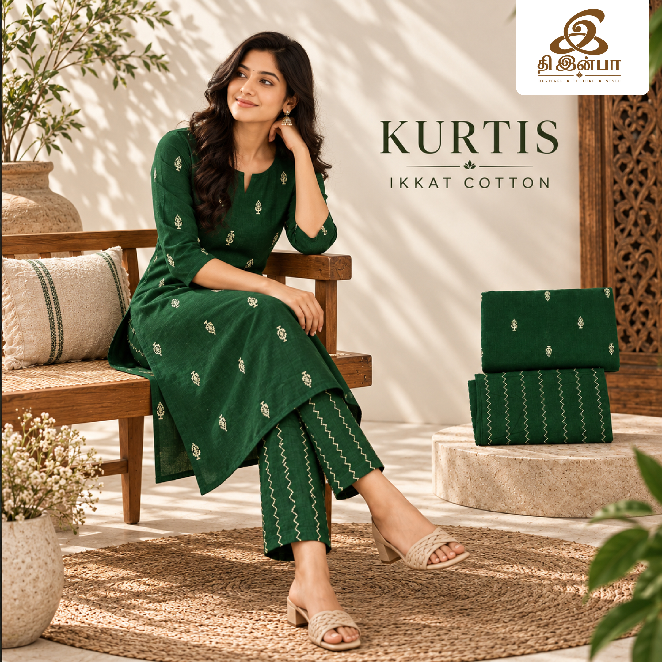 Emerald Green Ikkat Cotton Kurti