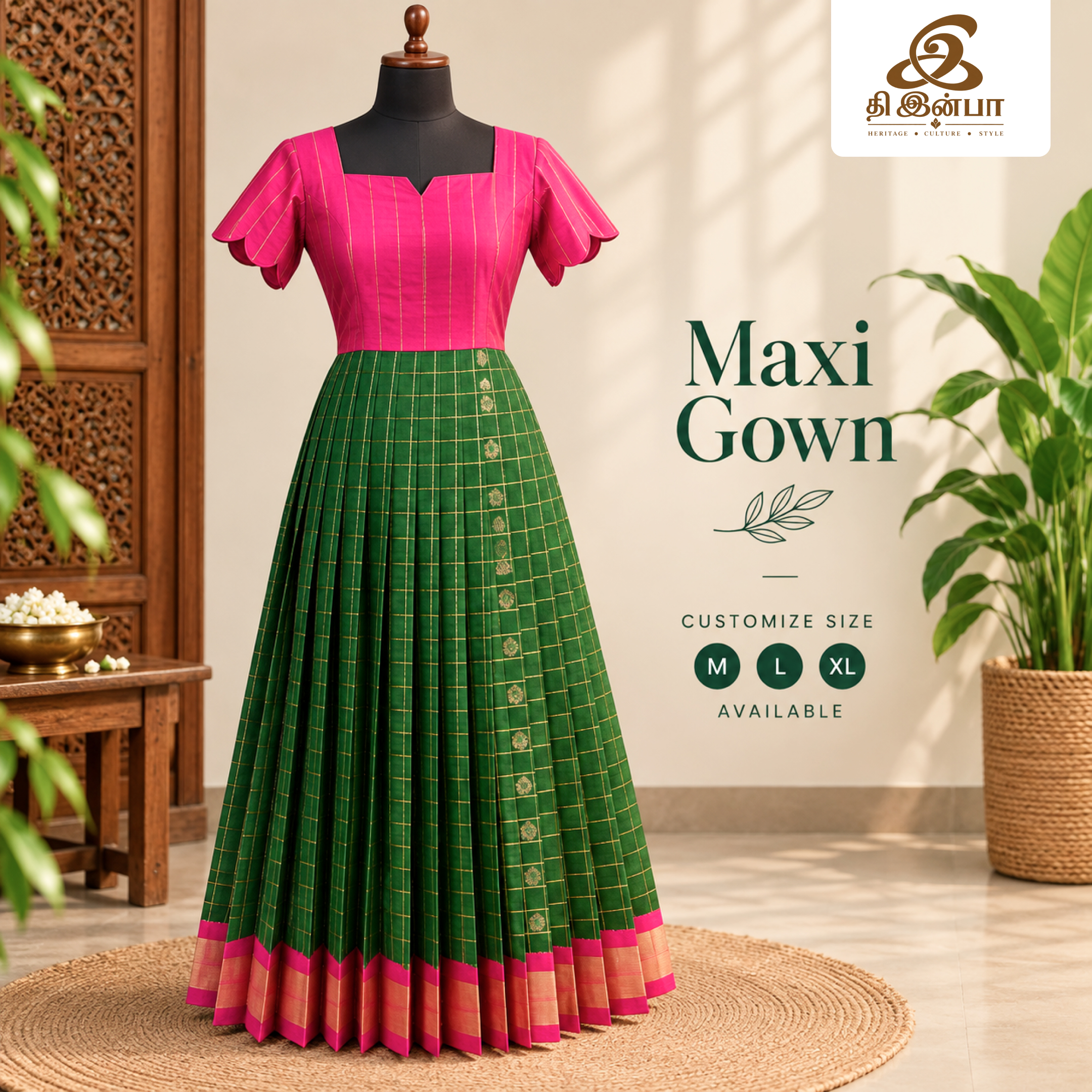 Pink & Green Contrast Maxi Gown