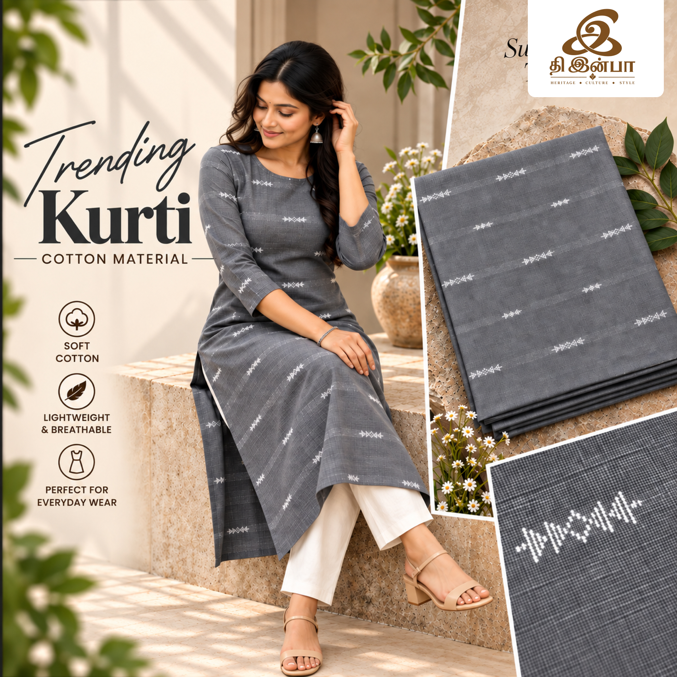 Charcoal Grey Ikkat Cotton Kurti