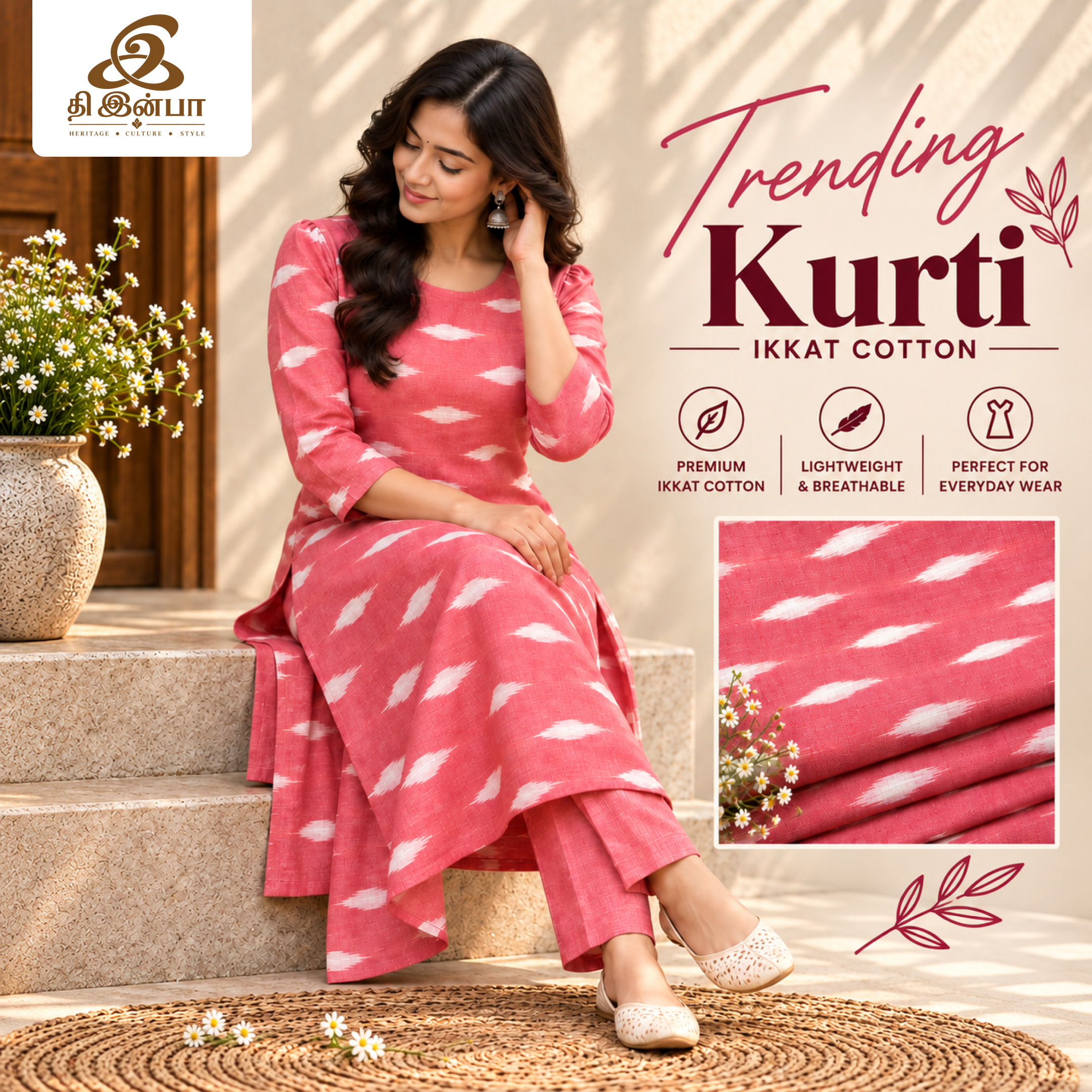 Pink & White Ikkat Cotton Kurti