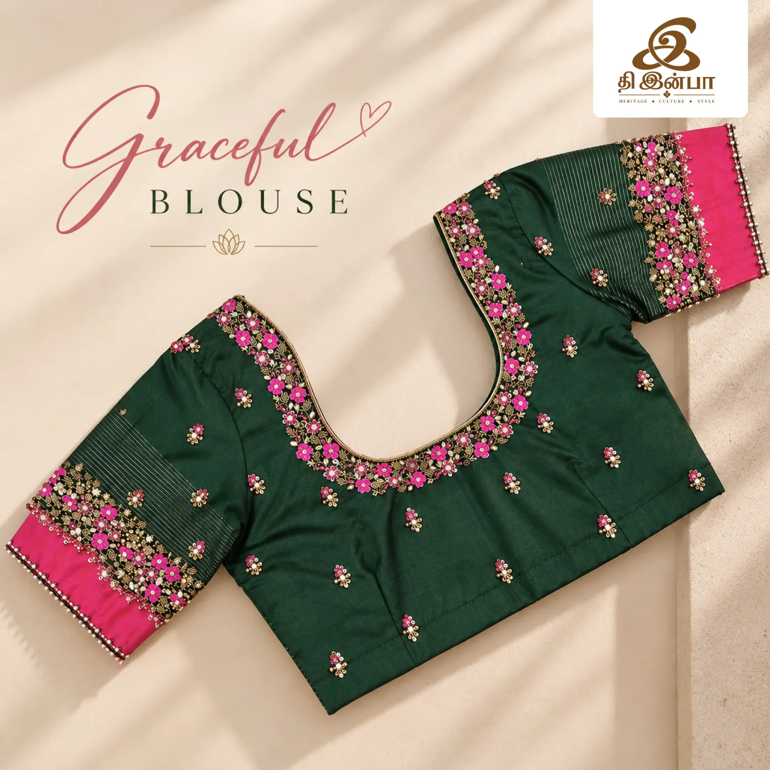 Emerald Green & Pink Embroidery Blouse