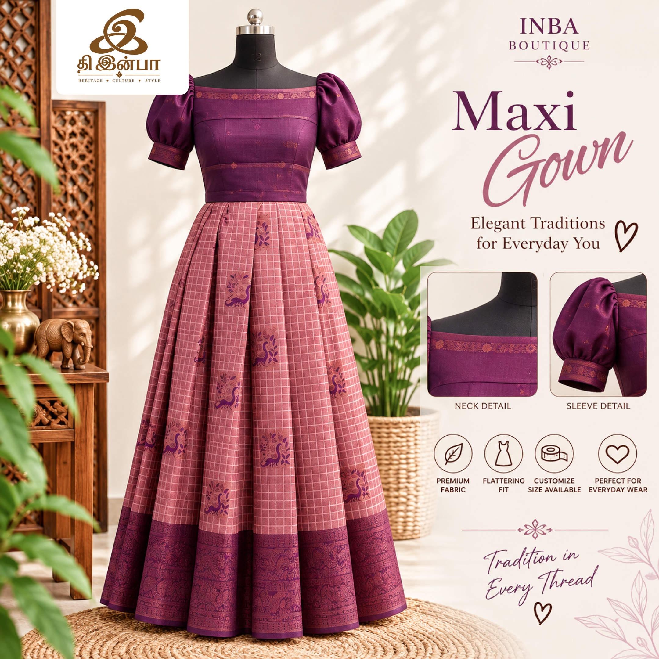 Wine Printed Pleated Maxi Gown