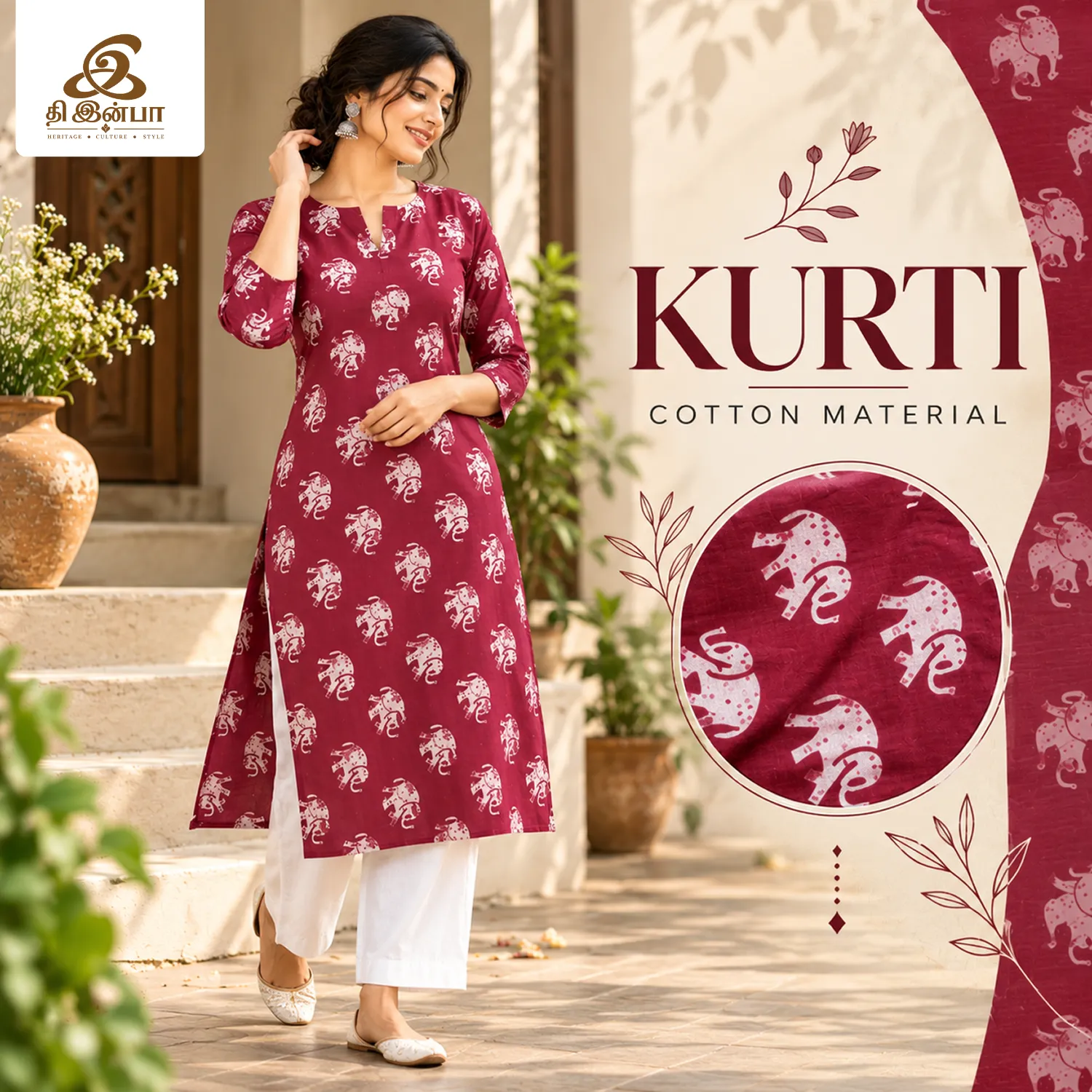 Wine Floral Printed Cotton Kurti