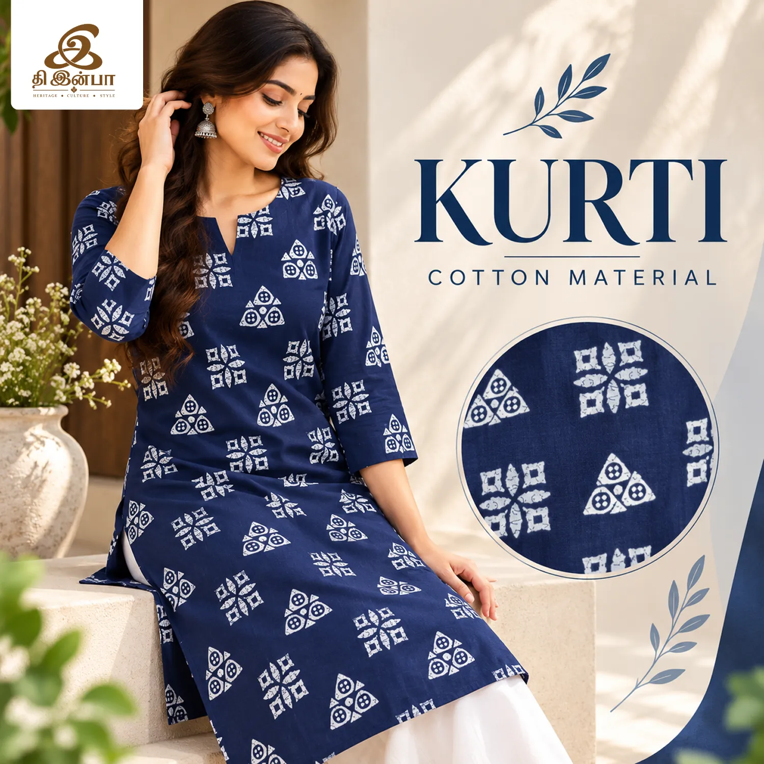 Indigo Blue Geometric Printed Cotton Kurti